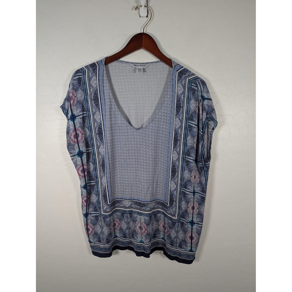 Tommy Bahama Shirt Womens Medium Blue Geometric Scoop Neck Dolman Top Stretch